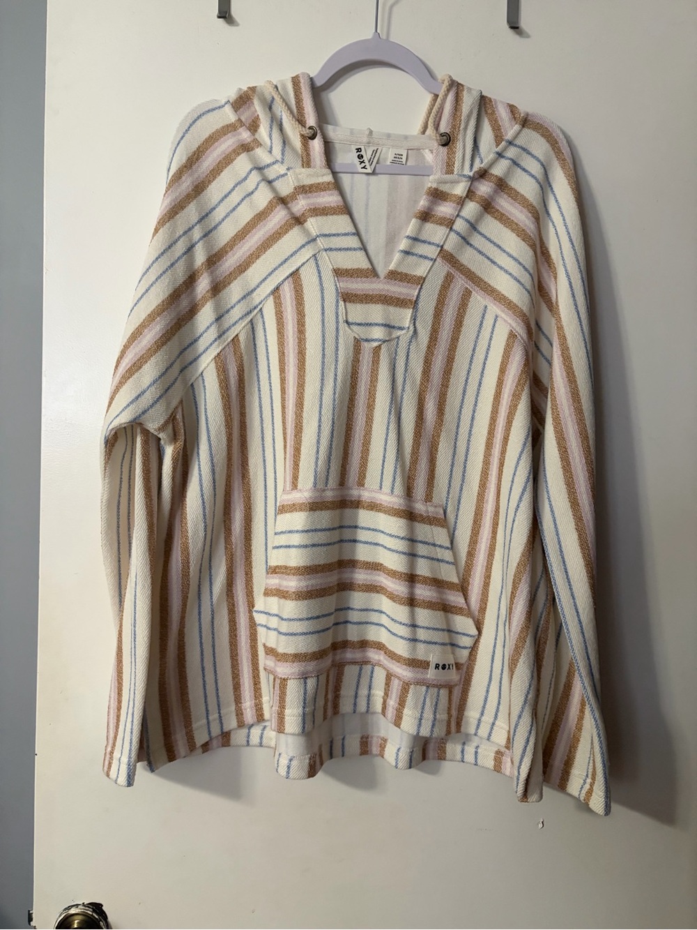 Roxy Striped Hooded Pullover in Cream, Tan & Light Blue
